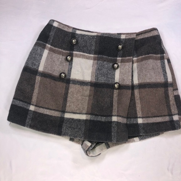 Forever 21 Pants - Forever 21 Plaid Wool Blend Skort Grey Brown Button Front Mini Skirt Shorts S